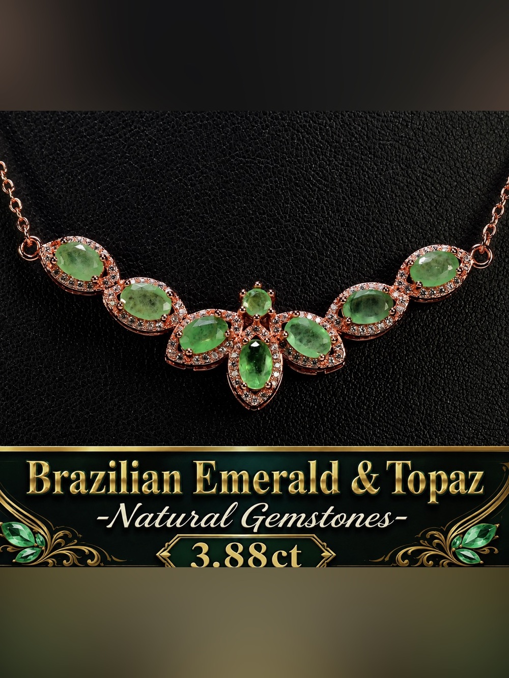 3.88ct Emerald & white Topaz stationary Necklace 14k Rose Gold on silver adj